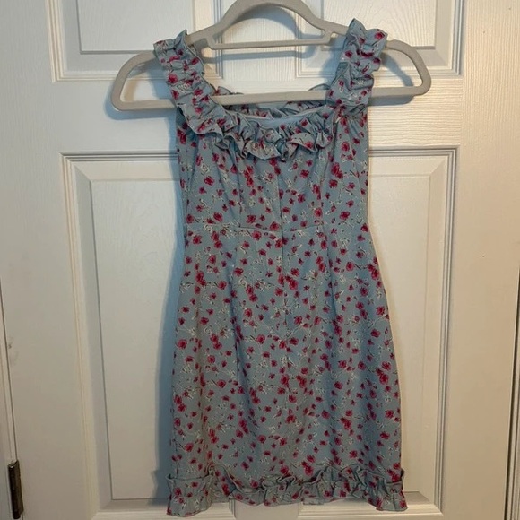 superdown Other - superdown Girls' Light Blue Dress with Pink Floral Ruffles